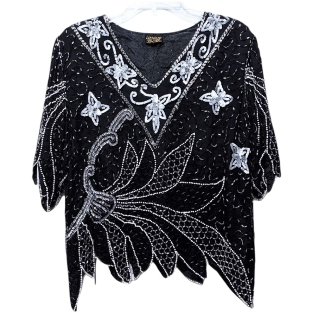 VINTAGE Linsiano Sequin Bead Shark Bite Hem Top L - Picture 9 of 9